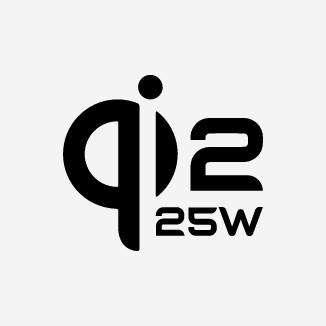 Black Qi2 25W logo on a light gray background, representing wireless charging technology that supports 25-watt power output.